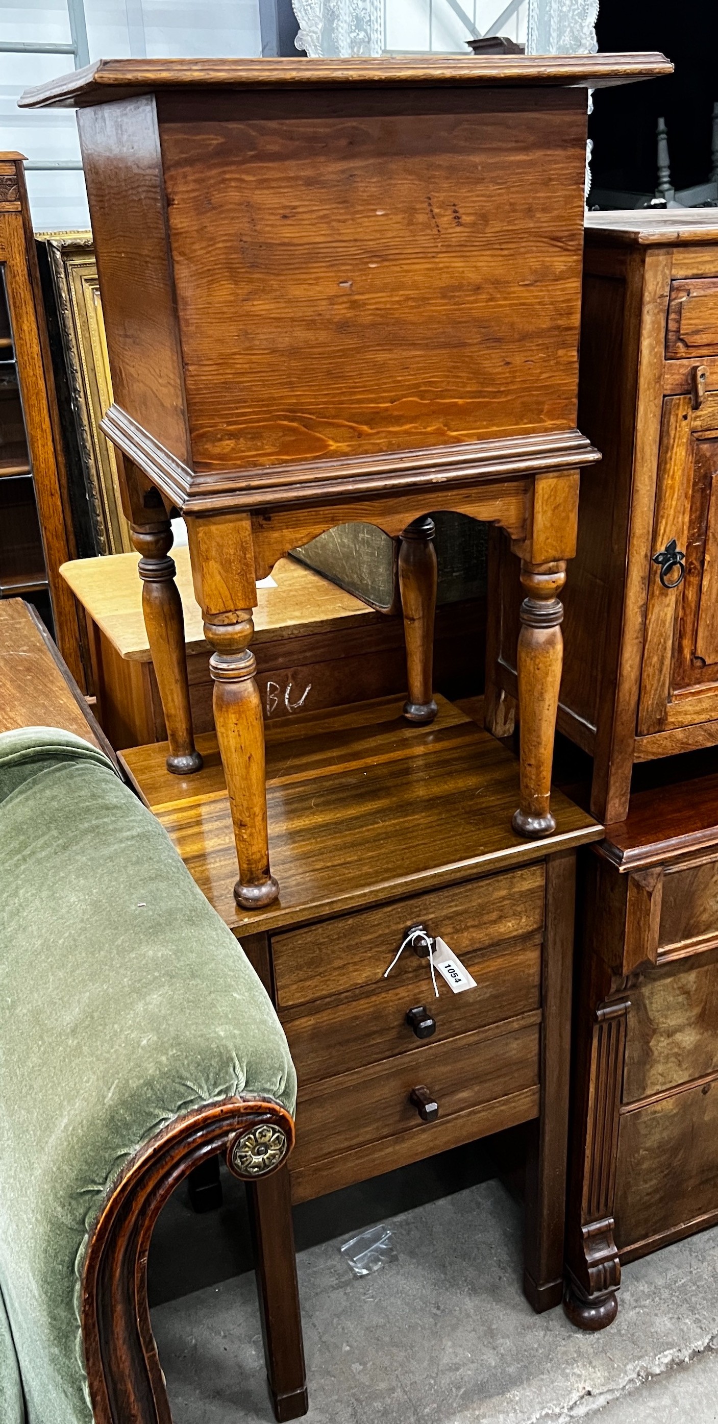 A mid century teak three drawer bedside chest, height 77cm together with an oak and pine workbox